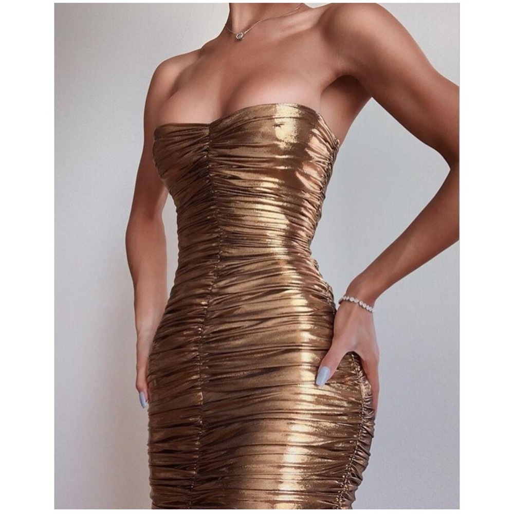Metallic gold strapless dress